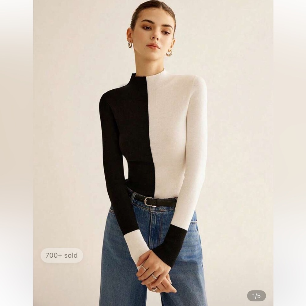 SHEIN Black and White Colorblock Turtleneck Knit Sweater Sz 12